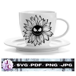 May include: A white coffee mug with a black and white illustration of a sunflower with a Jack Skellington face. The mug is on a white saucer. The text "SVG PDF PNG JPG" is on a black and white striped background.