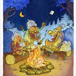 Impression d'art. Les 3 vieilles amies autour du feu. Illustration humoristique, art mural.