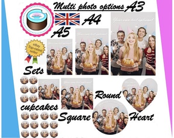 May include: A selection of edible cake toppers featuring a group of friends celebrating with sparklers. The toppers are available in different sizes and shapes, including round, square, and heart. The text "Multi photo options A3 A4 A5 Sets cupcakes Square Round Heart" is visible on the image.