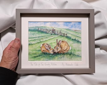 Original Hand Painted Watercolour illustration fine art print painting of Rabbits on the sussex southdowns for charity