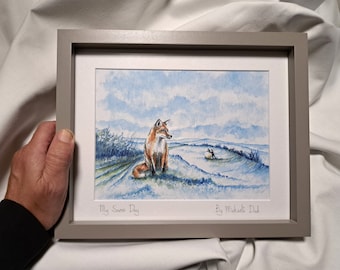 Original Hand Painted Watercolour illustration fine art print painting Fox on the Sussex South Downs with a strange snowman for charity