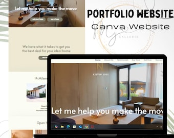 May include: A laptop screen showing a real estate website with the text "Let me help you make the move." The image also shows a website on a desktop with the text "Portfolio Website Canva Website". The website features interior design.