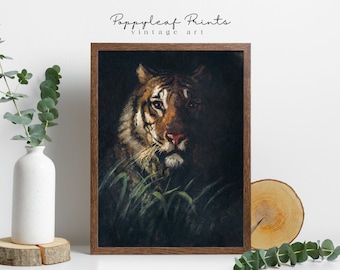 Vintage Tiger Painting, Antique Animal Print, Nature Art, Original Vintage Artwork, Printable Wall Art, Tiger Digital Download, Dark Art