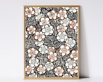 Antique Japanese Wall Art | Japanese Woodblock Print | Floral Pattern Wall Art | Asian Digital Printable Art | Vintage Textile Wall Art