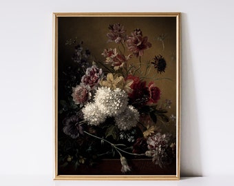 Moody Flower Painting | Printable Wall Art | Vintage Floral Wall Art | Antique Art Print | Farmhouse Wall Art | Moody Botanical Oil Painting