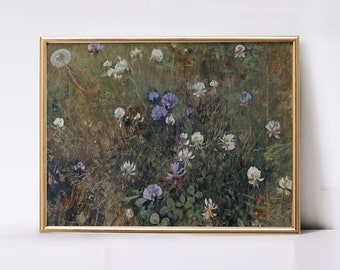 Summer Wildflower Painting Digital Download | Farmhouse Wall Art | Antique Landscape Painting Printable | Vintage Summer Cottagecore Decor