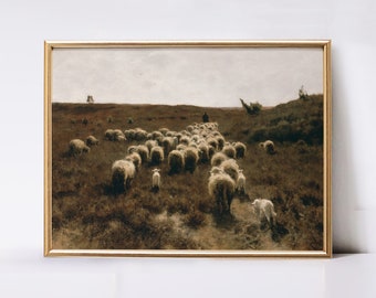 Vintage Sheep Print | Farmhouse Wall Decor | Farm Animal Digital Print | Summer Landscape Painting Printable Art | Antique Nursery Wall Art