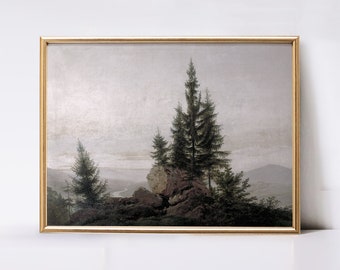 Vintage Rustic Printable Wall Decor | Pine Tree Wall Art | Rustic Christmas Decor | Antique Oil Painting | Mountain Landscape Painting Print