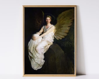 Vintage Angel Painting | Printable Wall Art | Religious Painting Digital Print | Woman Angel Portrait Painting | Antique Catholic Artwork