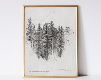 Vintage Pine Tree Wall Art | Digital Download | Neutral Forest Landscape Drawing | Antique Holiday Decor | Rustic Farmhouse Printable Art