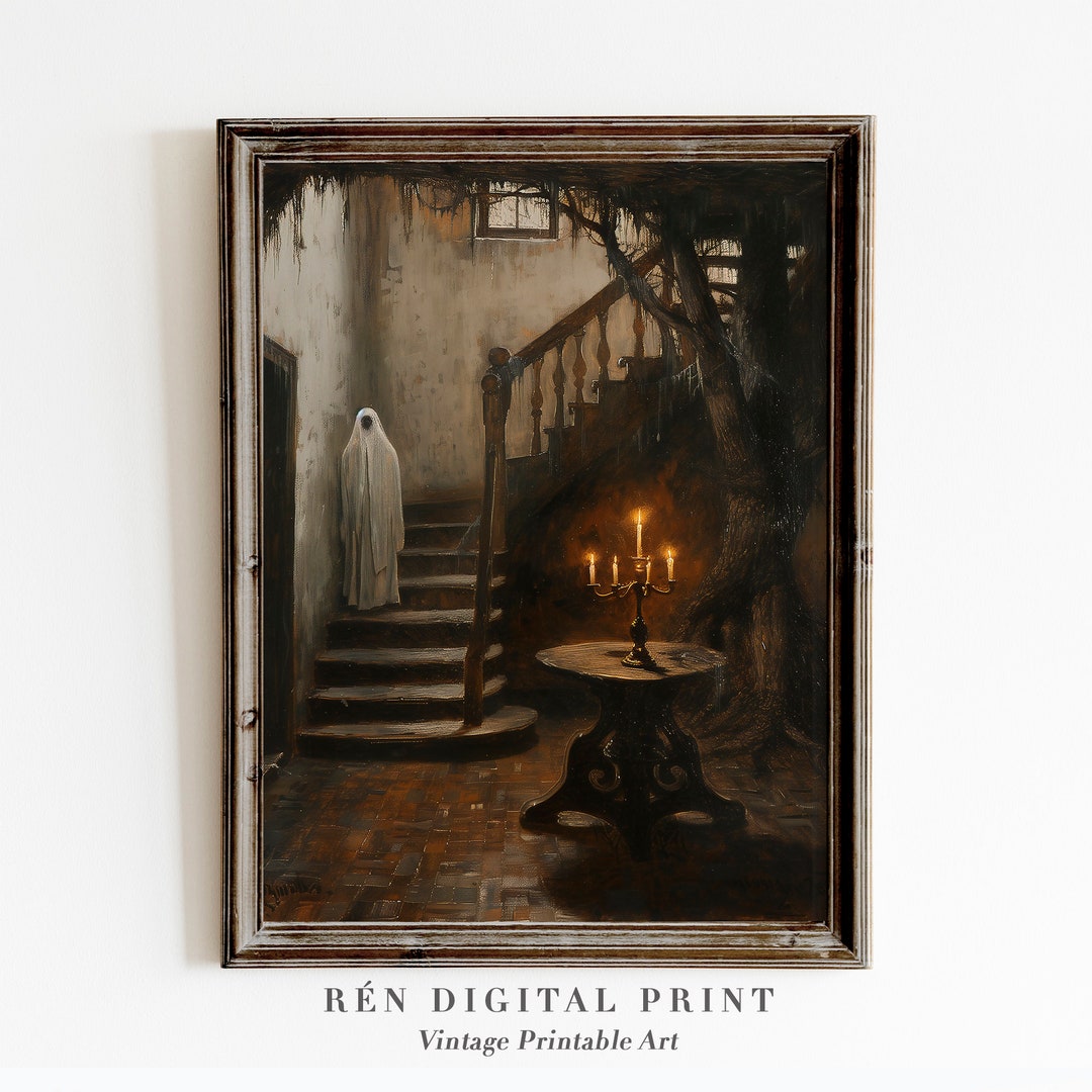 Vintage Halloween Printable Wall Art Haunted House Painting Spooky ...