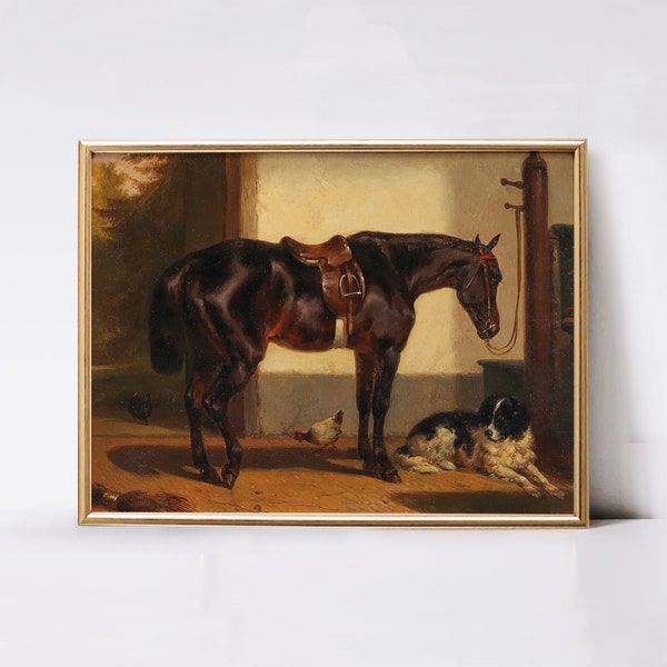 Vintage Horse and Dog Print | Digital Download | Equestrian Printable Wall Art  | Animal Farm Painting | Nursery wall Art | Farmhouse Decor