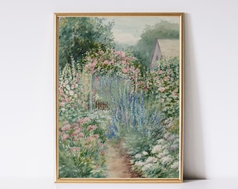 Antique Summer Print | Vintage Landscape Painting | Farmhouse Wall Art | Summer Garden Painting Country Decor | Flower Garden Printable Art