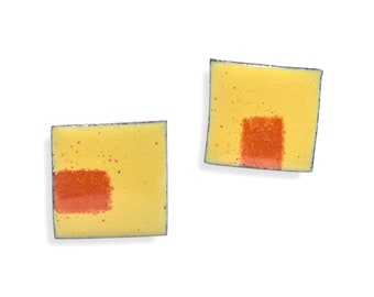 Yellow and Red Enamel Stud Earrings, Tiny Earrings, Sgraffito Earrings, Handmade Art Jewellery, Casual Earrings, Unique Gift, Small Earrings