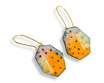 Orange, Pink, and Green Enamel Dangle Earrings, Textured Enamel Earrings,  Unique Jewellery, Art Jewellery, Multicolored Earrings, Unusual