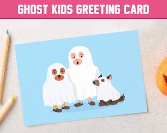 Printable Greeting Card - Ghost Kids with Dog | Halloween Digital Download PDF