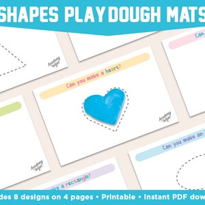 May include: Printable play dough mats with eight different shapes, including a star, heart, circle, triangle, and oval. The mats are designed to help children learn about shapes and develop fine motor skills. The text on the mats reads "Can you make a star?", "Can you make a heart?", "Can you make an oval?", and "Can you make a rectangle?"