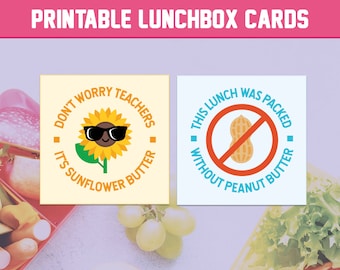 Printable Lunchbox Cards | Nut-free Memo | Fun Notes for Kids and Tweens | Allergy Cards | Notes for Kids | 2 Notes PDF