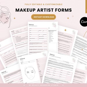 May include: A set of nine printable makeup artist forms in a pink and white color scheme. The forms include a client consultation form, a makeup service menu, and a booking form. The forms are fully editable and customizable.