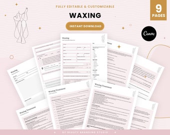 May include: A set of nine printable forms for a waxing business. The forms are in a pink and gold color scheme and include a client consultation form, a waxing treatment form, and a consent form. The forms are fully editable and customizable. The text on the forms includes "Waxing", "Client Consultation Form", "Waxing Treatment", and "Consent Form".