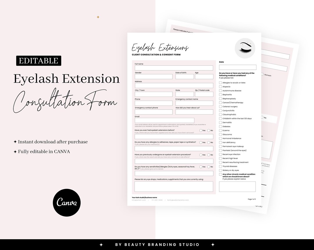 Eyelash Extension Form, Editable Lash Tech Intake &amp; Consultation Form ...