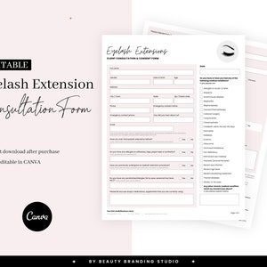 Eyelash Extension Form, Editable Lash Tech Intake & Consultation Form, Lash Technician Consent Waiver, Esthetician Templates, Canva Form