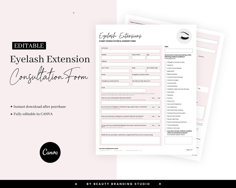 Eyelash Extension Form, Editable Lash Tech Intake & Consultation Form