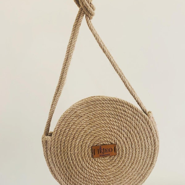 Sac rond tissé en corde de coton, sac en paille, sac tressé, sac à bandoulière, sac au crochet, sac Bali, sac tricoté, sac de plage, petit sac messager