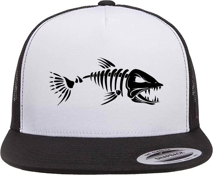 Fish Bone | Fishing Theme Angler Two Tone Mesh Snapback Trucker Cap | unisex Mesh Back Adult Size OSFM