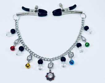 Adjustable Black Nipple Clamps with Bells and Faux Diamond Charms
