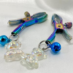 safe natural lubricants Rainbow Metallic Nipple Clamps With Clear Tips & Resin Gummy Bear Charm  With Blue Bells, Adult Sex Toys for Nipple Play and Stimulation