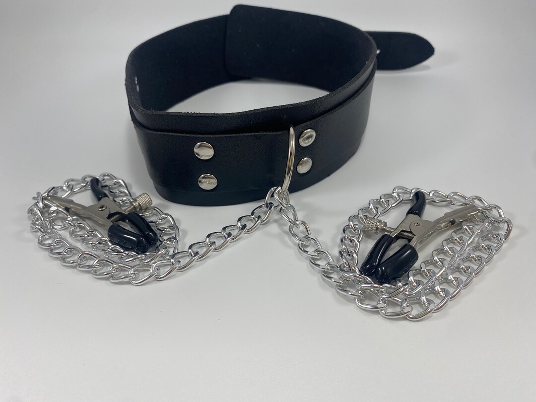 Leather Bondage Choker Collar with Nipple Clamps