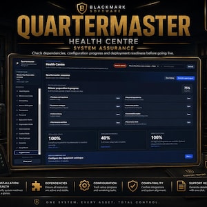 Peut inclure: Une interface de tableau de bord numérique intitulée Quartermaster Health Centre, affichant des mesures d'assurance système, des barres de progression à 75 % et divers indicateurs d'état opérationnel. L'interface logicielle sombre comprend des étiquettes de texte pour l'état de la base de données, de l'équipement et du flux de travail, sur un fond professionnel aux accents dorés.