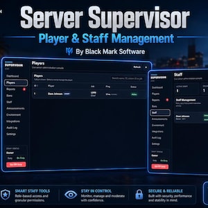May include: A digital interface for Server Supervisor software by Black Mark Software, featuring dark mode dashboards for player and staff management, including live monitoring, job visibility, ping tracking, and role permissions for FiveM servers.