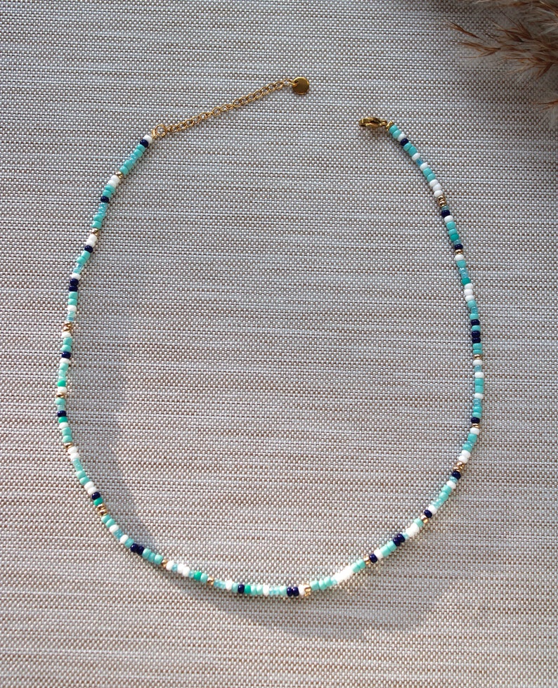 Perlenkette bunt handgemachte Kette boho Choker Halskette mit Perlen Edelstahl Gold Blau