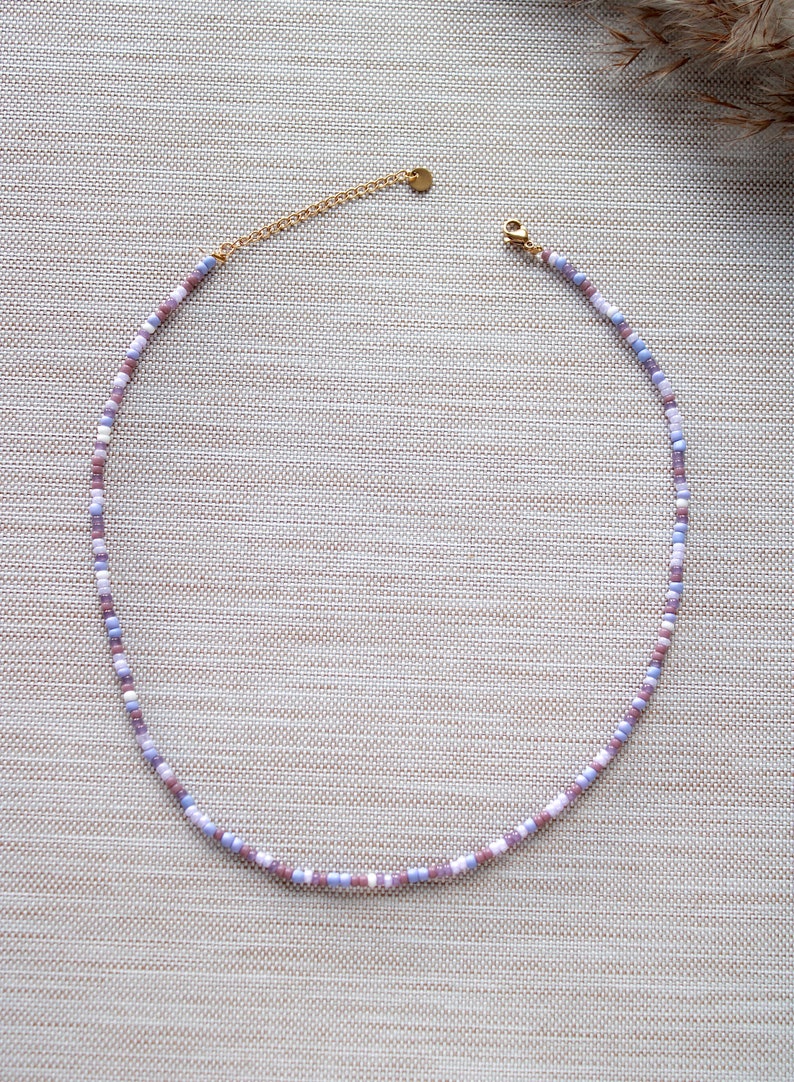 Perlenkette bunt handgemachte Kette boho Choker Halskette mit Perlen Edelstahl Gold Lila