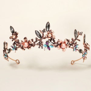 couronne de cristal vintage, casque de bronze noir pêche bleu multi floral, diadème de strass de mariée, bandeau de perles
