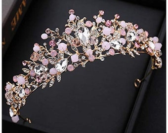 Pink & Gold Crystal Flower Faux Pearl Headband Headpiece Tiara
