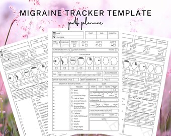 May include: A migraine tracker template PDF planner featuring black and white printed forms with sections for date, location, weather, medications, pain localisation diagrams, pain intensity scales, menstrual cycle, sleep, and various potential triggers.