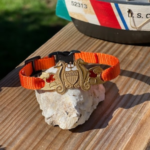 May include: Orange adjustable collar with a gold-colored seahorse charm featuring a trident and a shield with the letters "U.S." inside.