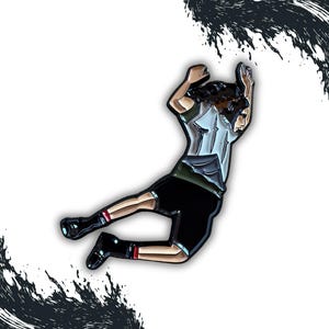 May include: A black and white enamel pin of a person jumping in the air with their arms raised. The person is wearing a white shirt, black shorts, and black socks.