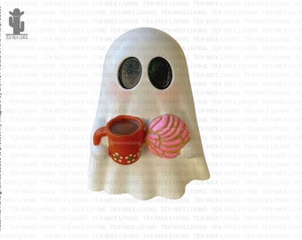 Ghost Figurine with Pan Dulce y Cafecito, Mexican Concha Coffee Bar Decor, Ghost Halloween Decor Decoration
