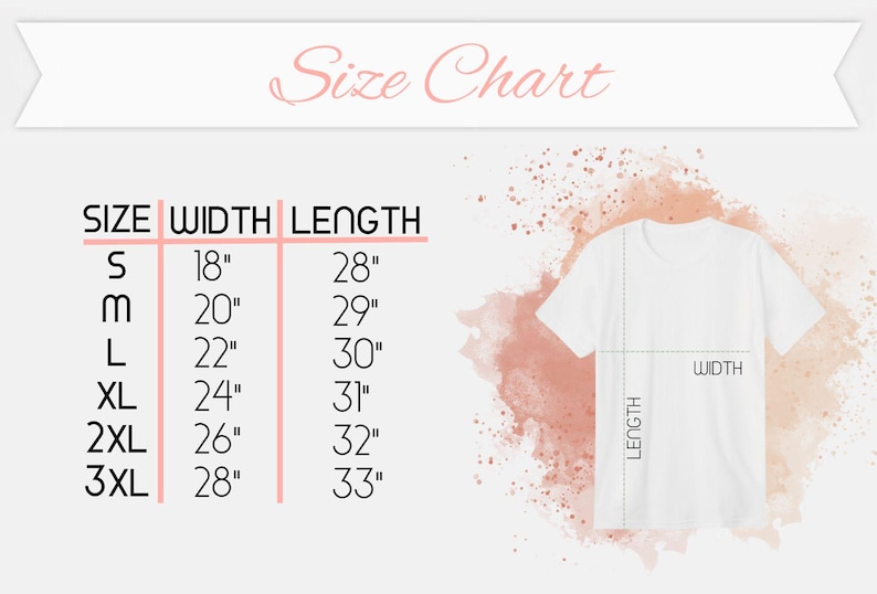Op de afbeelding: Maattabel voor T-shirts met afmetingen in inches voor breedte en lengte. De maten omvatten S, M, L, XL, 2XL en 3XL.