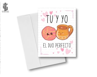 Pan Dulce Concha y Cafecito Valentine's Day Card with Envelope, Spanish Love Anniversary Gift