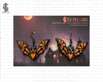 Mexican Talavera Inspired Bat Earrings ORANGE on black, Goth Halloween Earrings Jewelry