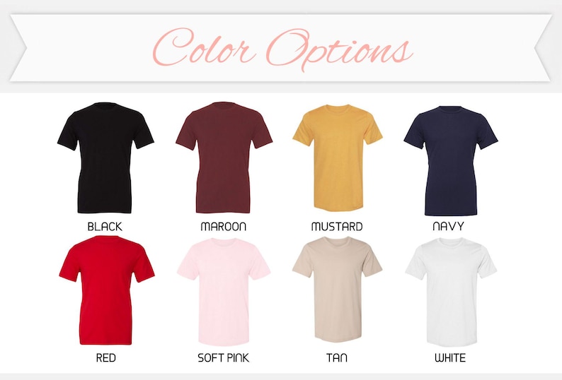Op de afbeelding: Kleuropties voor een T-shirt in zwart, bordeauxrood, mosterd, marineblauw, rood, roze, bruin en wit.