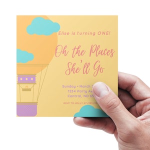 Oh the Place's She'll Go, Birthday Party Invitation, Bewerkbare, Digitale Download, 1e verjaardag, Oh the Place's He'll Go, vierkante uitnodiging