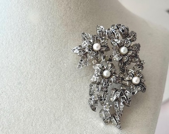 Vintage Jomaz Silver Tone Floral Spray Brooch with Faux Pearls and Rhinestones