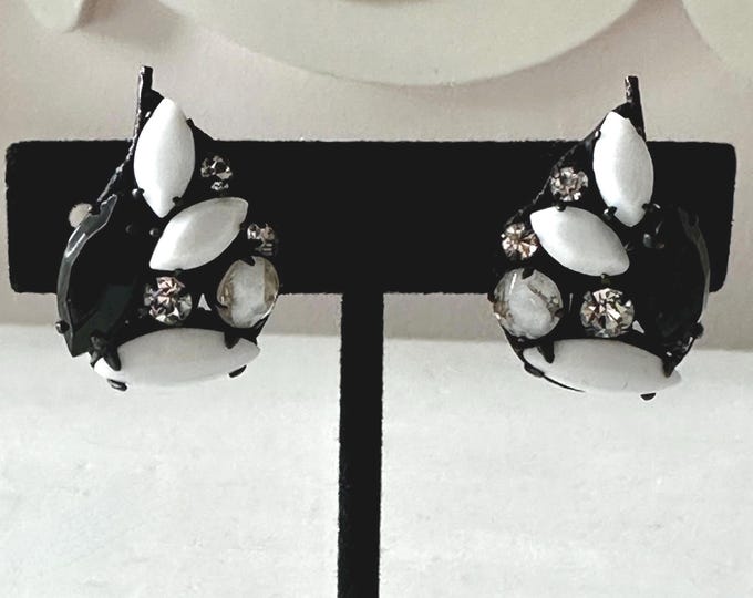 Vintage Regency Black and White Rhinestone Earrings  Clip-On
