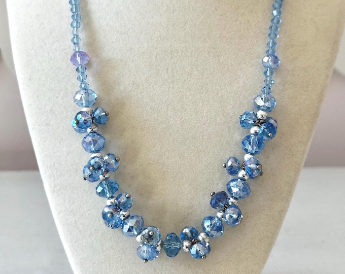 Vintage Blue AB Crystal Necklace Unsigned 21"